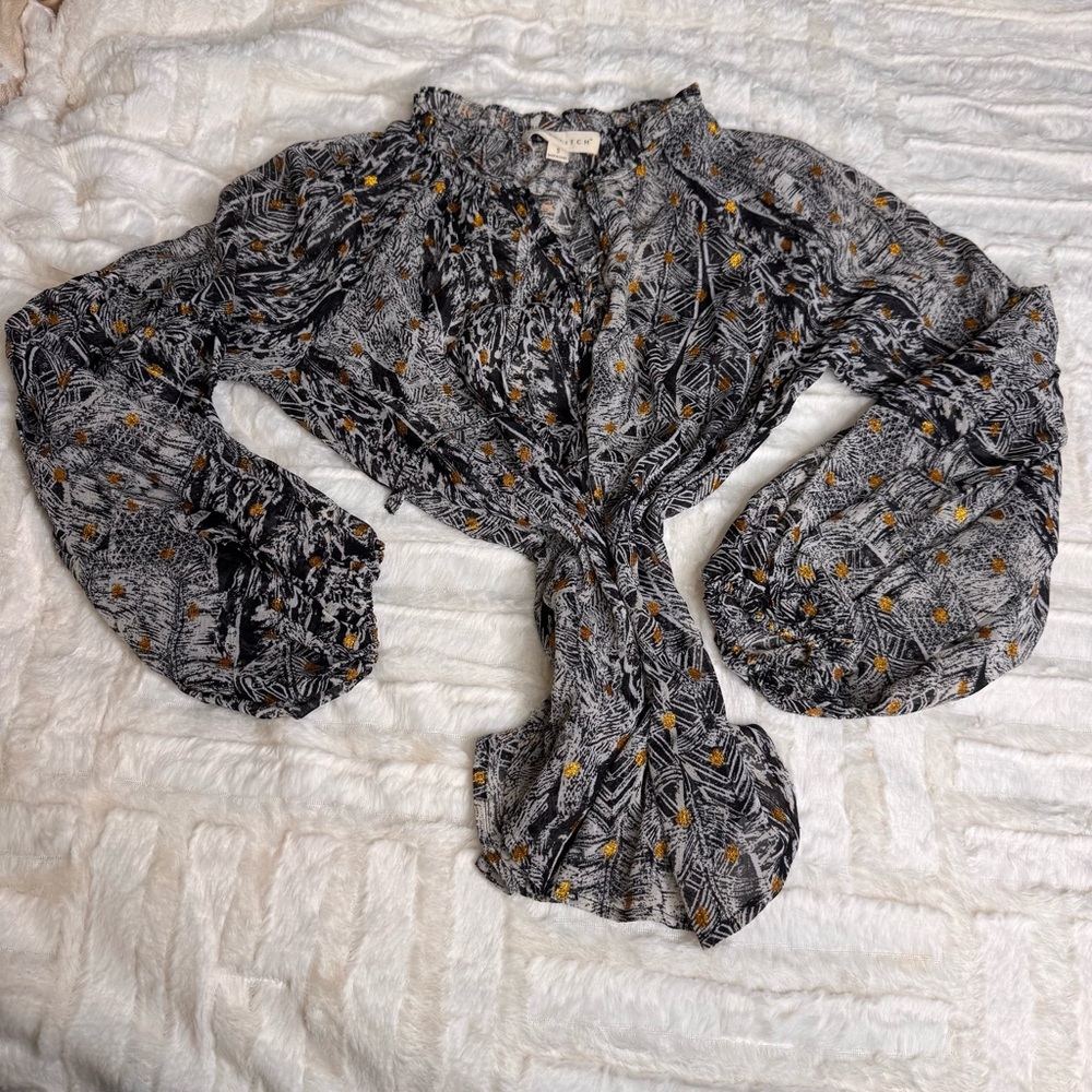 Love stitch long sleeve bohemian boho peasant blouse gold metallic print Sz S - Picture 15 of 15